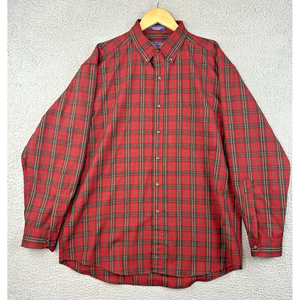 Vtg  Sir Pendleton Shirt Men Large Red Green Plaid L/ S Worsted Wool Button Up